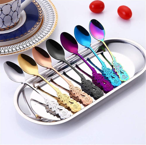 1Pc Rose Gold Flower Spoon Set,Colorful Stainless Steel Flower Spoon Coffee Tea Spork Flatware Dessert Tool Ice Tea Spoon Colorful Mini Cutlery Se...