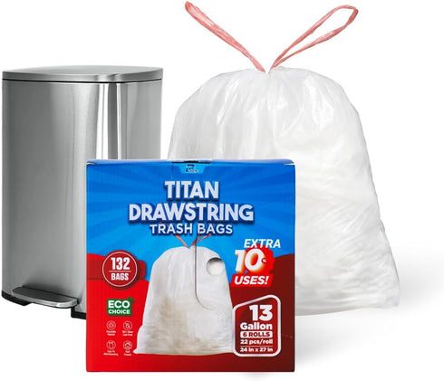 13 Gallon Trash Bags Drawstring - White Garbage Bags Unscented, 49.2 Liter Strong Can Liners for Kitchen Home Office Bathroom,132 Count...
