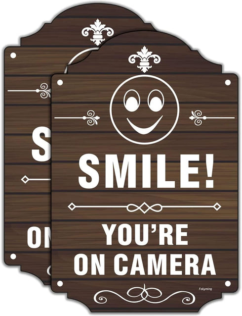 2 Pack Smile You're On Camera Signs Video Surveillance Signs 12 x 8 Inches Home Business Driveway Alert CCTV Security Camera Warning Signs Metal R...