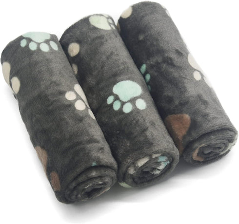 1 Pack 3 Puppy Blankets Super Soft Warm Sleep Mat Grey PAW Print Blanket Fleece Pet Blanket Dog Blankets for Small Dogs Puppy Dogs Fluffy Cats,Med...