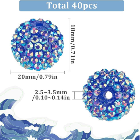 SUNNYCLUE 1 Box 40Pcs Blue 20mm Rhinestone Beads Bulk Pens Beads Round Disco Crystal Pave Loose Spacer Christmas Resin Focal Beads for Beading Pen...
