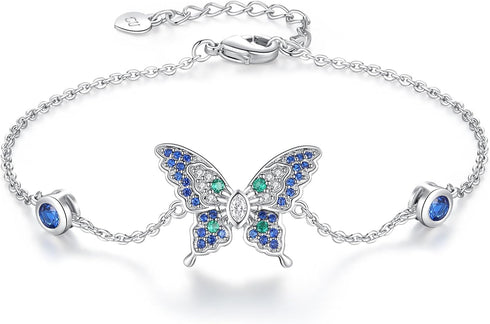 White Gold Plated Butterfly Bracelets for Women: Adjustable Blue Cubic Zirconia Butterfly Ankle Chain...