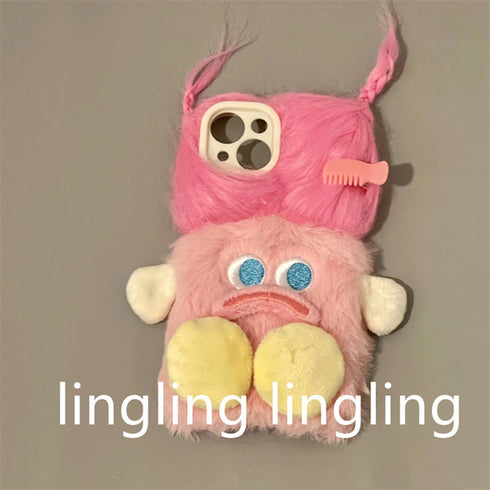 Pink Furry Phone Case for iPhone 13 Pro Max, Cute DIY Long Hair Funny Thick Mouth Warm Plush Cases, 3D Cartoon Fuzzy Winter Protective Cover for W...