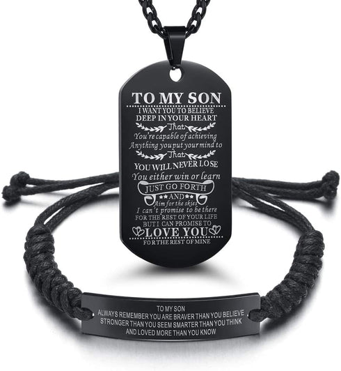 Set of 2 Gift from Mom and Dad You Will Never Lose Customized Dog Tag Necklace with Adjustable Bracelet Braided for Graduation Birthday Valentines...