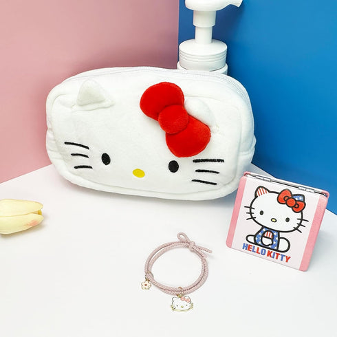 Kitty Travel Cosmetic Bag with Mirror and Hair Tie, Large Capacity Cartoon Cosmetic Pouch Makeup Bag with Zipper, Plush Travel Toiletry Bag Makeup...