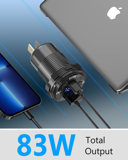 83W 12V USB Power Outlet, Qidoe Aluminum 65W PD USB-C Laptop Charger Socket and 18W QC3.0 Car USB Port with Digital Voltmeter Button Switch Smart ...