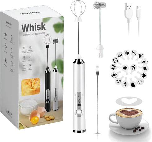 Rechargeable Milk Frother, 3-Speed Electric Handheld Frother for Coffee with 2 Whisks and Coffee Decoration Tool, Coffee Frother Mixer, Stand-up D...