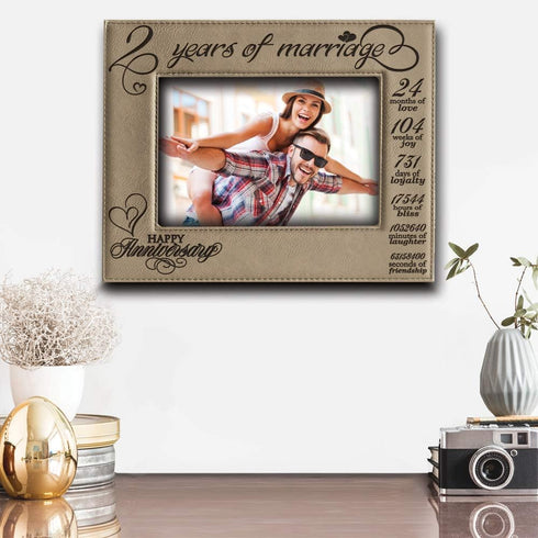 BELLA BUSTA- 2 Years of Marriage - Second Anniversary for Couple, Husband, Wife- Engraved Leather Picture Frame- (5 x 7 Horizontal)...
