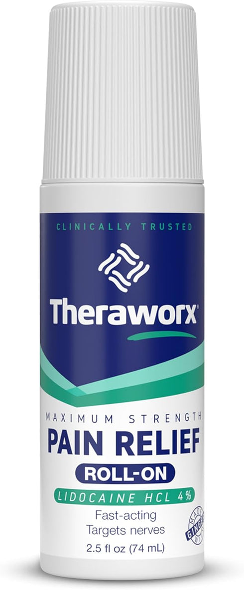Theraworx Maximum Strength Pain Relief Roll-On with Lidocaine, Fast-Acting - 2.5 Oz - 1 Count...
