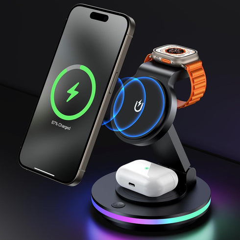 Facbiny 3 in 1 Wireless Charging Station for Multiple Devices, Rotatable & Foldable Magsafe Charger Stand with Night Light & 20W Adapter for iPhon...