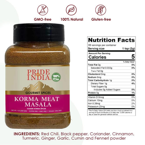 Pride of India – Korma Meat Masala Mix – Ideal for Traditional Meat/Lamb Curry – Gourmet & Flavorful – Seasoning Spice Blend – 7 oz. Medium Dual S...
