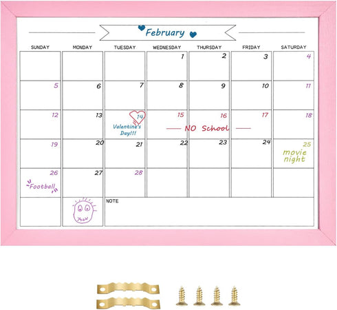 Dry Erase Monthly Calendar Board, Magnetic Whiteboard for Wall, Office/School/Home, Solid Wood Pink Frame Hanging Board 10.5"x 14.5"(YL-Pink-2737-...