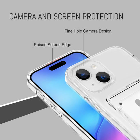 MZELQ Silicone Compatible with iPhone 15 Case, Card Holder Camera Protection Cover + Screen Protector, Card Slot Soft Slim Phone Case -Crystal......