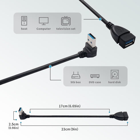 Antrader USB 3.0 Right Angle 90 Degree UP & Down Extension Cable Male to Female Converter Data Adapter Cord 2 Pairs...