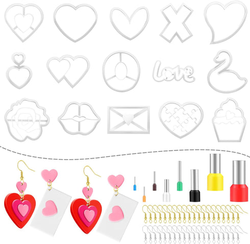 Kajaia 114 Pieces Valentin's Day Polymer Clay Cutters with Earring Cards 16 Shapes Valentines Earring Clay Cutters 80 Earring Hooks and Rings Hear...