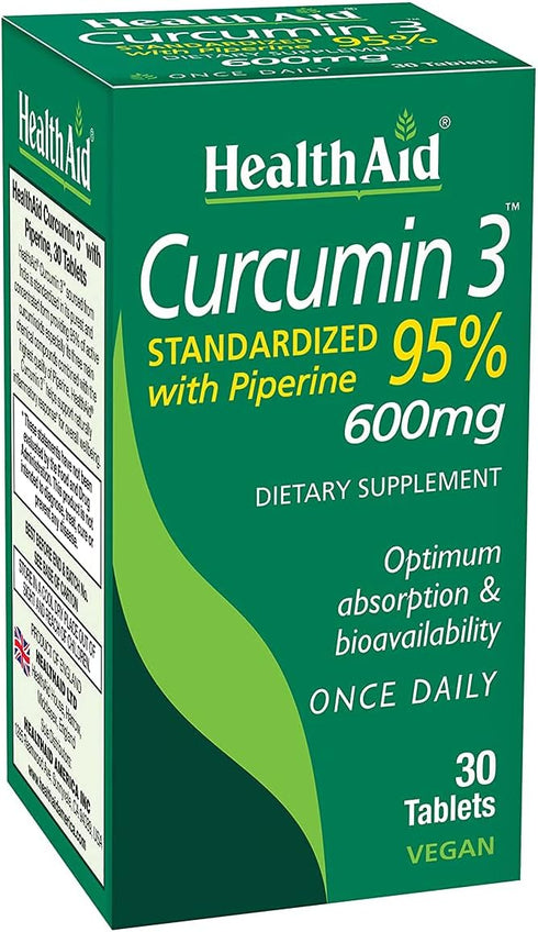 Curcumin 3, 30ct, 600mg Once Daily Tablets, Helps with Optimum Absorption & Bioavailability, Standardized with Piperine...