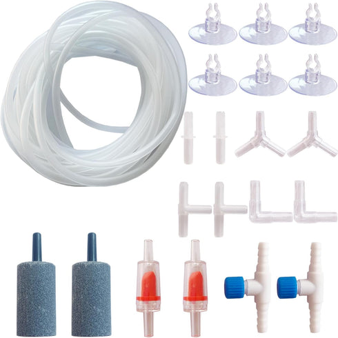 Aquarium Air Pump Accessories - Contains Airline Tubing, Air Stones, Check Valves, Control Valve, Connectors, Suction Cups...