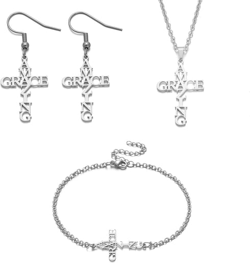 Amazing Grace Cross Pendant Necklace Earring Bracelet Easter Gift Stainless Steel Letter Earring Pendant Neck Decoration Gift with Pattern of Amaz...
