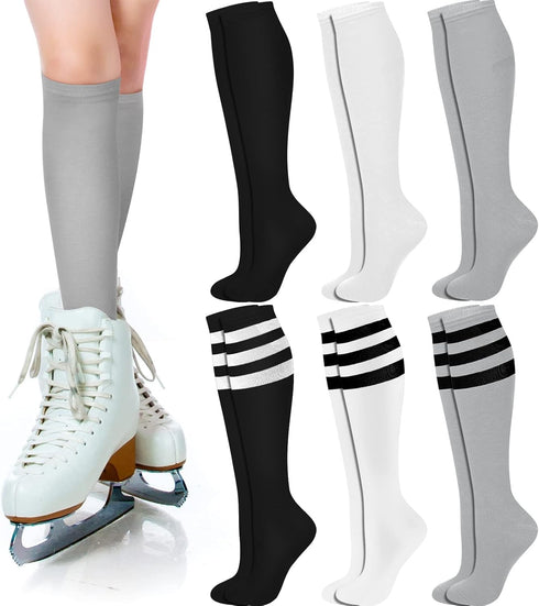 Unittype 6 Pair White Black Grey Knee High Socks for Women Striped Socks Long Socks Tube Socks Roller Skate Socks for Girls Youth Gift...
