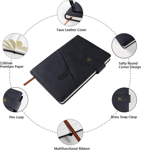 Black A5 Lined Leather Journal Notebook,Personalized Hardcover Journal Set with Pen & Gift Box,100Pages 100gsm Thick Ruled Paper Daily Diary for M...