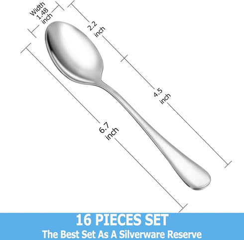 Teaspoon Set,16 Piece 6.7" Spoons Silverware, Premium Food Grade Stainless Steel Tea Spoons, Durable Small Spoon, Good Teaspoons, Kitchen Dessert ...