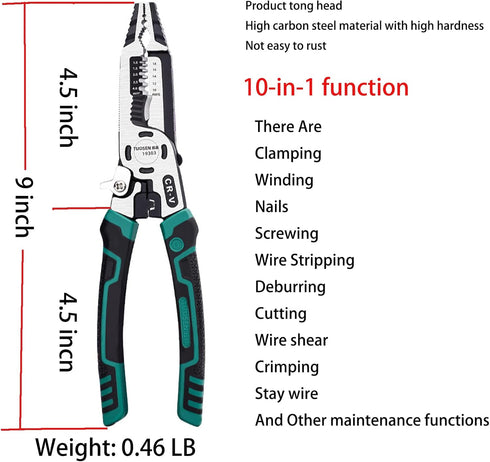 10-in-1 Wire Stripper Pliers, Cable cutters, C-RV Multifunctional Wire Cutter Stripping Tool for Electric Cable Stripping Cutting and Crimping...