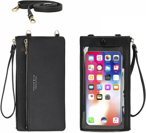 Women Faux Leather Long Wallet Wristlet Handbag with Touch Screen Clear Phone Window (Double Zipped Black)...