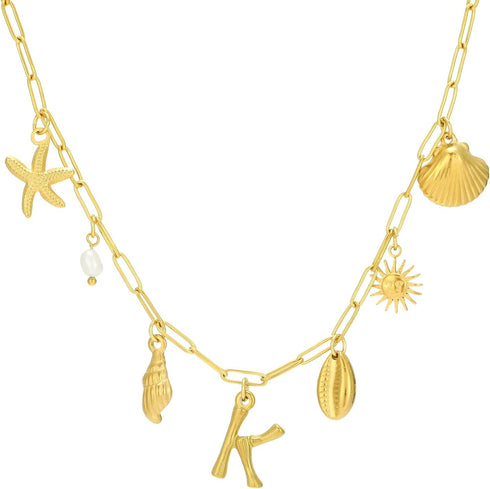 Gold Initial Charm Necklace for Women Gold Shell Starfish Necklace Summer Beach Charms Necklaces for Women Beach Jewelry Gift...