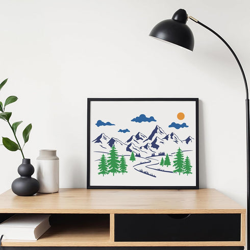 Large Mountain Forest Stencils Forest Landscape Stencil Template 23.6×15.7inch Sun Cloud Tree River Painting Stencils Reusable DIY Art Decoration ...