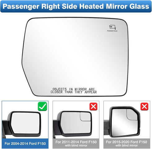 TOP-MAX F150 Passenger Right Side Mirror Glass Replacement Compatible with 2004-2014 Ford F150, with Holder Convex Heated Mirror for 4L3Z17K707DA ...