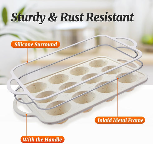 CAKETIME Silicone Muffin Pan, Metal Reinforced Frame Silicone Mini Cupcake Pan Easy to Handle Small 12 Cups Nonstick Muffin Tin for Baking...