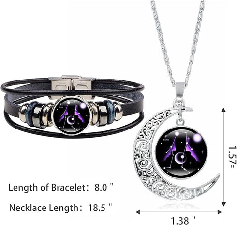 2 Pcs Zodiac Necklace Bracelet Gift for Men Constellation Necklace Astrology Galaxy & Crescent Moon Necklace Leather Constellation Bracelet for Me...