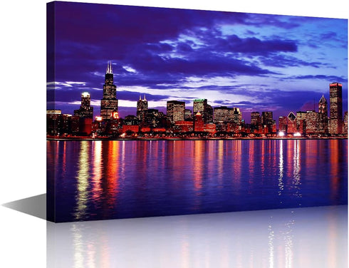 Chicago Cityscape at Night Wall Art Painting on Canvas Michigan Lake Bedroom Wall Art Modern Urban Building Panorama House Decorations for Living ...