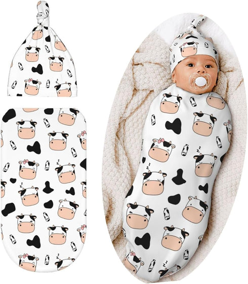 Cute Cow Print Swaddle Blanket Hat Set for Boys Girls, Soft Cow Newborn Sleeping Sack Receiving Blanket Shower Gift...