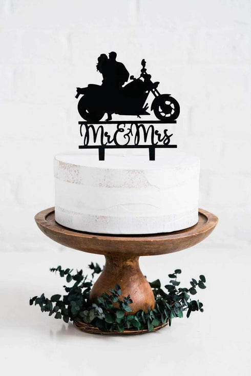 Motorcycle Cake Topper, Black Acrylic Bride & Groom, Funny Mr & Mrs, Wedding/Engagement/Bridal Shower Party Decor...