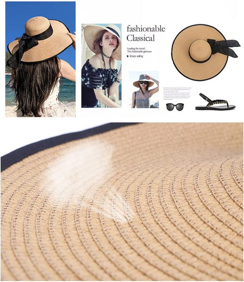 Women Girls Large Brimmed Garden Beach Sun Hat Big Summer Sun Hat Swimming Garden Beach Straw Hat Cap with Black Ribbons UPF 50+ for Traveling (Kh...
