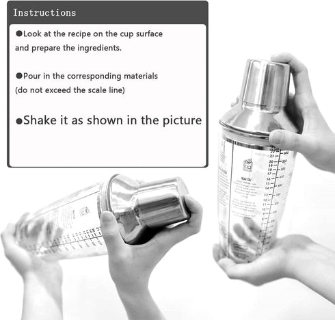 Cocktail Shaker, 12oz Glass Martini Shaker, Recipes Measured Mixing Stainless Steel Top Cobbler Shaker...