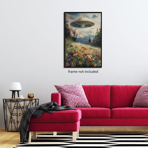 Generic UFO Surreal Art Print, Alien Abduction Poster, Trippy Spaceship Posters Painting, Wildflower Meadow Field Wall Art, Vintage Landscape Funn...