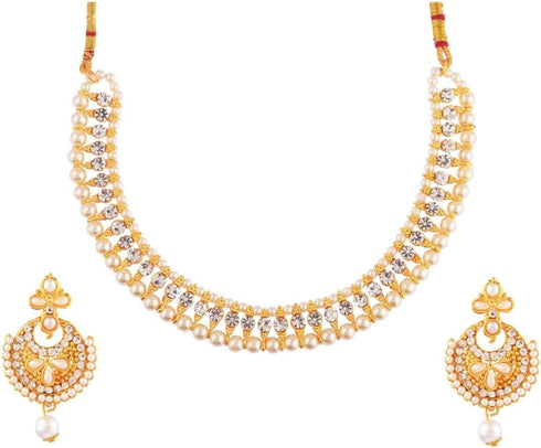 Efulgenz Pearl Indian Choker Indian Pearl Necklace Indian Faux Pearl Necklace Jewelry Set Cz Cubic Zirconia Beaded Choker Necklace Earrings Jewelr...