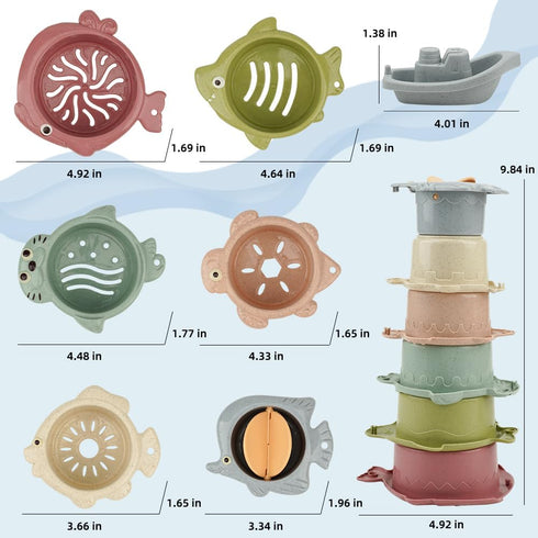 Baby Bath Toys Floating Boats and Sea Animal Shapes Stackable Cups for Toddlers 1-3 | 11 PCS Mold Free Bathtub Toy for Infants 6-12 Months | No Mo...