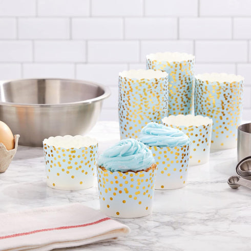 Sparkle and Bash 50 Pack Blue and Gold Polka Dot Cupcake Liners Wrappers, Muffin Paper Baking Cup for Wedding & Birthday...