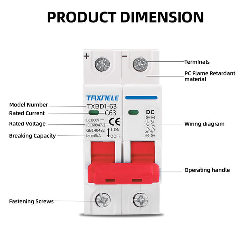 DC Miniature Circuit Breaker 2P 1000V 63A Solar Mini Circuit Breaker Battery Switch Thermal Magnetic Trip DIN Rail Mount DC Disconnect Switch DC M...