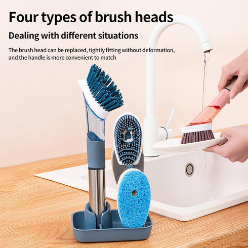 Household Four in One Long Handled Kitchen Automatic Liquid Sponge Cleaning Tool, Long Handled Brush Pot, Hydraulic Cleaning Brush, Kitchen Specif...