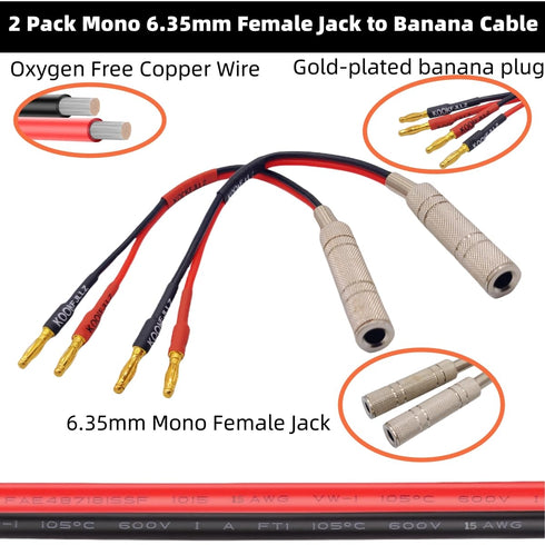 2-Packs 1/4 Inch TS Female to Banana Plug, 6.35mm Female Jack to Banana Plug Speaker, Flexible Silicone Audio Banana Plugs for Speaker Wire(6 inch...