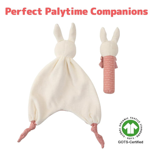 Organic Cotton Stuffed Animal Rattle Baby Toys, Hand Grip Rattle Squeaker Sticks Toys, Bunny Cuddle Cloth and Ring Rattle Plush Toy Set for Newbor...