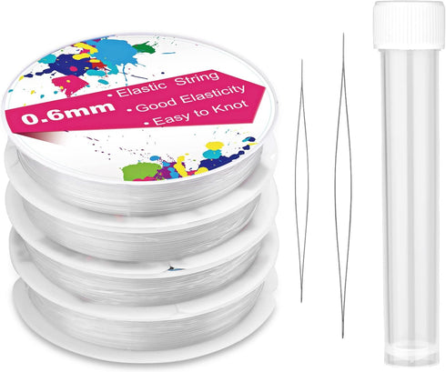 0.6mm/4 Rolls Elastic Stretch Thread for Bracelets, Transparent Beading String with 2 Sizes Big Eye Bead Needles and Needle Bottle, Clear Stretch ...