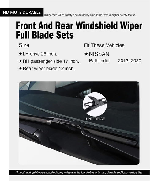 Replacement for Nissan Pathfinder 2013-2020, Rogue 2015-2021 Silent Wipers -FAPIUO Front and Rear Windshield Wipers 26"/17"+12" Full Blade Set (3 ...