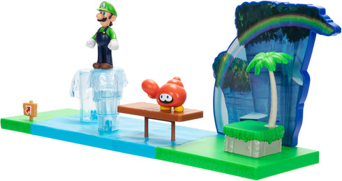 Super Mario Sparkling Waters Action Figures Playset Includes 2.5 Inch Luigi & Red Huckit Crab with Interactive Pieces...