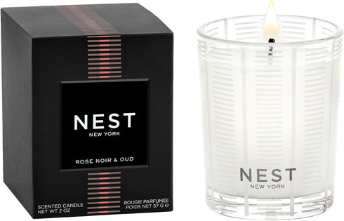 NEST New York Scented Votive Candle, Rose Noir & Oud - 2 oz - Up to 28-Hour Burn Time - Reusable Glass Vessel...