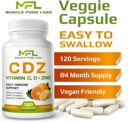 | C D Z | Vitamin C, 1000mg | Vitamin D3, 125mcg | Zinc, 25mg | Non-GMO & Gluten Free | 120 Vegetarian Capsules |120 Servings...